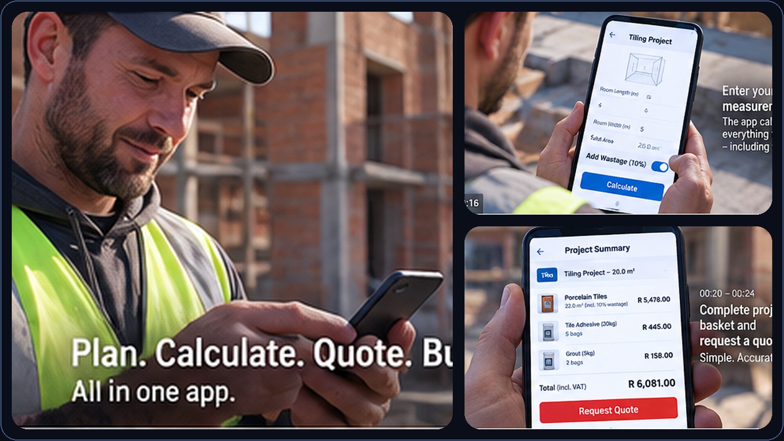 Construction project app showing a builder using the app, measurement calculator and project quote summary