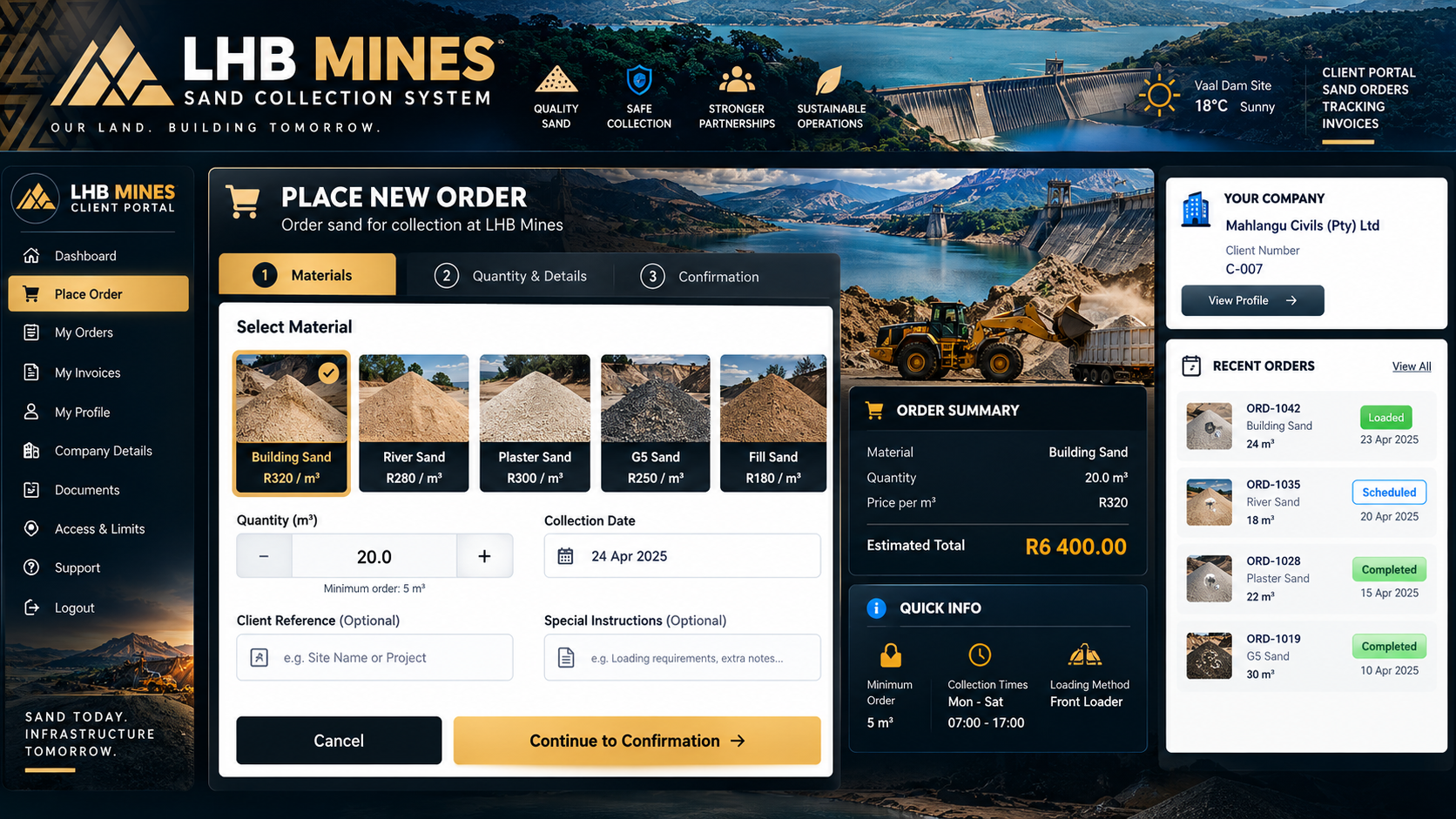 LHB MINES client order dashboard showing sand materials, order quantity, company profile and recent orders